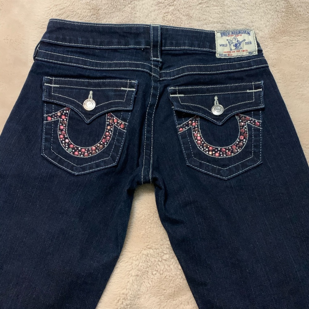{ True Religion } Pink Rhinestone Dark Wash Jeans - Picture 4 of 8